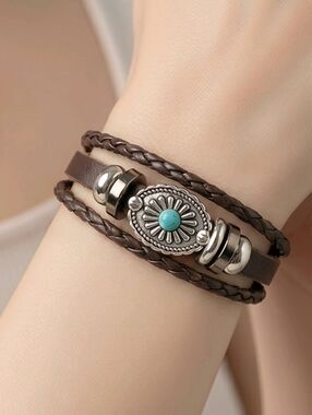 Boho Western Turquoise Concho Leather Wrap Bracelet Multi Strand Brown Cowgirl